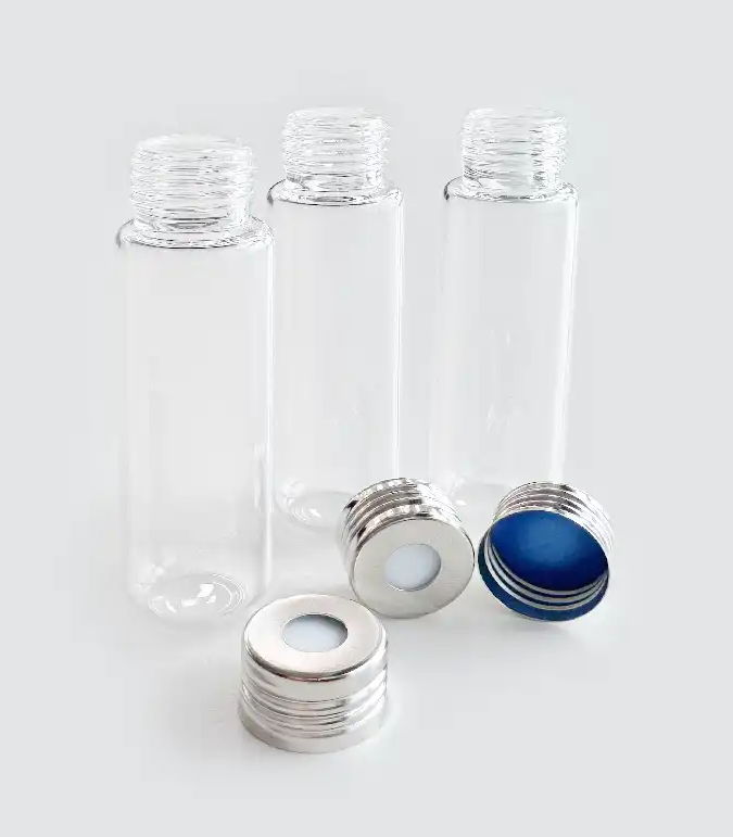 20mL Ultra Clear Precision Screw Headspace Vial, Round Bottom & Blue PTFE/White Silicone Septa(Centre Hole)